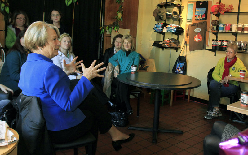 Democrat Libby Mitchell meets with supporters at Coffee By Design on India Street in Portland on Monday to talk about the needs of Maine’s business community.