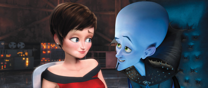 Roxanne Ritchi, voiced by Tina Fey, and the villainous Megamind, voiced by Will Ferrell, in Megamind