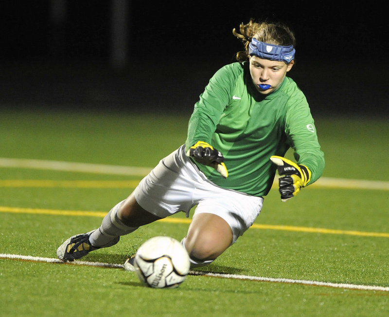 John Ewing/Staff Photographer Falmouth goalkeeper Elizabeth Estabrook learned how to play on turf when the Yachtsmen opened their new field a month ago. But now it will be back to a grass field when Falmouth travels to York for the Western Class B girls soccer championship game tonight.