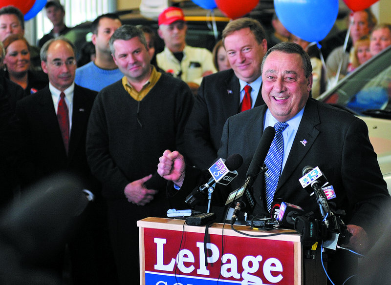Gov.-elect Paul LePage speaks to supporters during a news conference Wednesday at a Central Maine Motors Auto Group dealership in Waterville after opponent Eliot Cutler conceded the governor’s race.