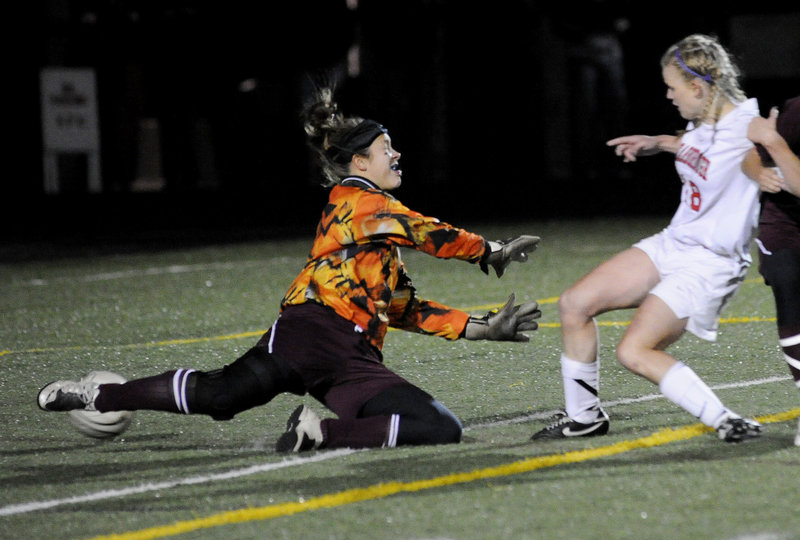 Haley Carignan of Scarborough was in the right place at the right time Wednesday night, knocking a rebound past Thornton Academy goalie Sydney Proctor – the only goal of the Western Class A final. Scarborough will play Bangor for the state championship Saturday.