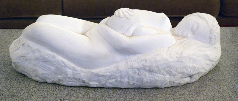 “Woman with Cat,” marble, by Cabot Lyford, from the wide-ranging exhibition of his work displayed indoors and out at June LaCombe’s Hawk Ridge Farm in Pownal.