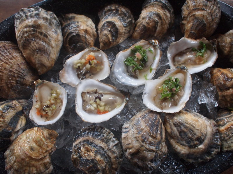 Kayli Lee, owner of WaldoStone Farm in Montville, has developed five new oyster mignonettes she hopes to begin selling in Portland this holiday season. The oysters on the left are topped with her seaweed cucumber mignonette, and the oysters on the right are dressed with her champagne tarragon mignonette.