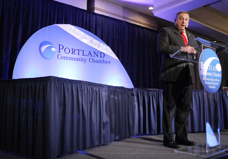 Gov.-elect Paul LePage speaks at the Portland Community Chamber’s Eggs and Issues forum at the Holiday Inn by the Bay in Portland on Friday.