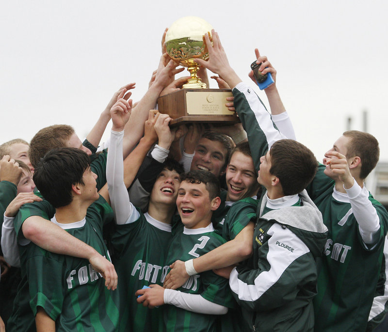 The state title was theirs and the Gold Ball is heading to the Fort Kent trophy case after the Warriors beat North Yarmouth Academy 2-1 in the Class C boys soccer state final Saturday.