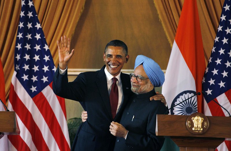 President Obama and Indian Prime Minister Manmohan Singh embrace after a news conference in New Delhi on Monday. The president received immediate criticism from Pakistan after announcing his support for India becoming a permanent member of the U.N. Security Council.