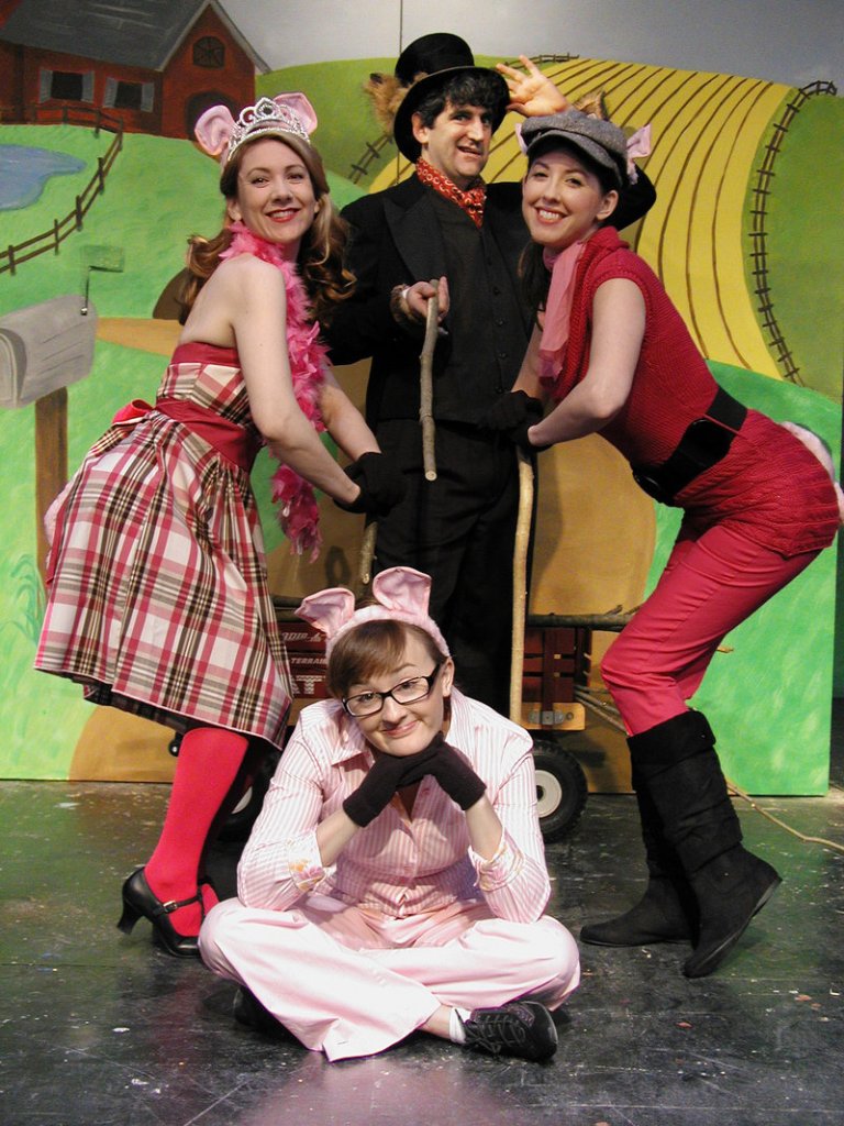 Laura Durrell, seated, and, from left, Ellen Lindsay, Doug Shapiro and Alexandra Frankovich star in “The Three Little Pigs.”