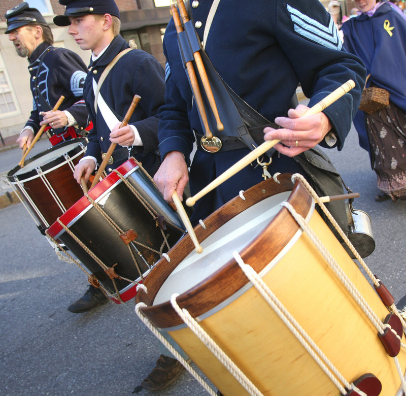 Members of the 3rd Maine Regiment Volunteer Infantry man the drums Thursday.