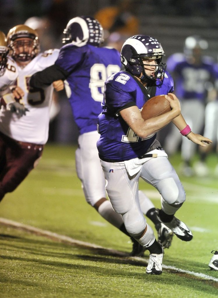 Jamie Ross of Deering leads a spread offense with his passing and running. Ross has thrown for 39 touchdowns and run for 26 in his three seasons as the Rams quarterback.