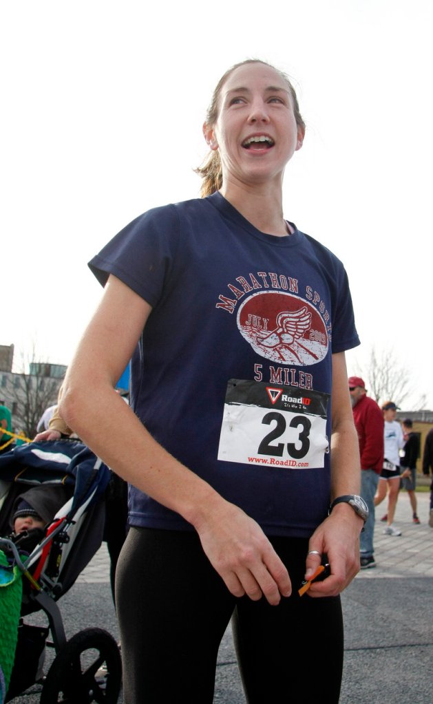 Gretchen Chick of Brookline, Mass., wins for the women in the race benefiting Portland’s new Bayside Trail.