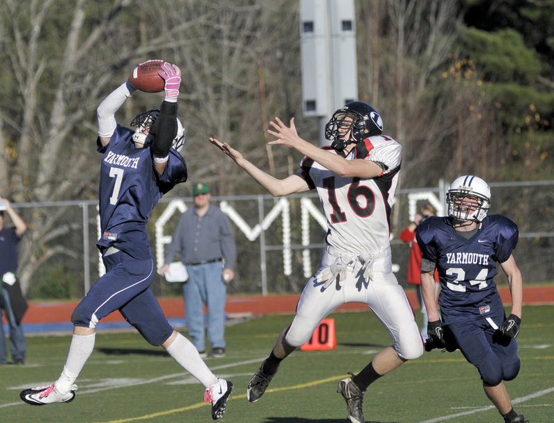 Tommy O'Toole s interception halted a drive by Lisbon during Yarmouth's 14-12 come-from-behind victory last Saturday in the Western Class C championship game.