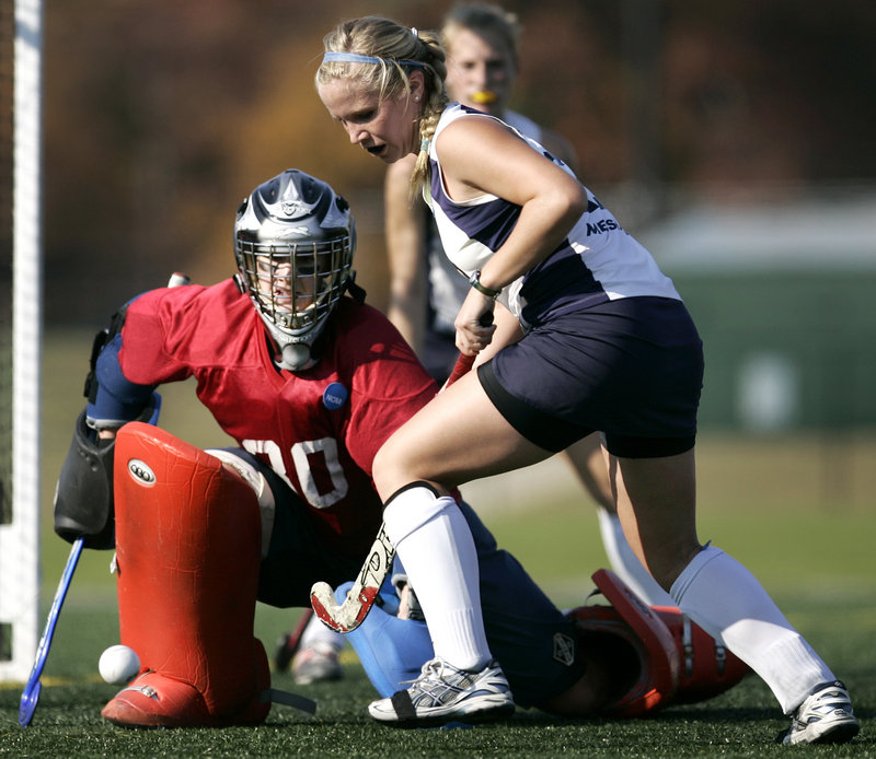 Bowdoin goalie Emily Neilson, blocking a shot in overtime Sunday, says she relies on reflexes during the penalty-stroke sessions following overtime.