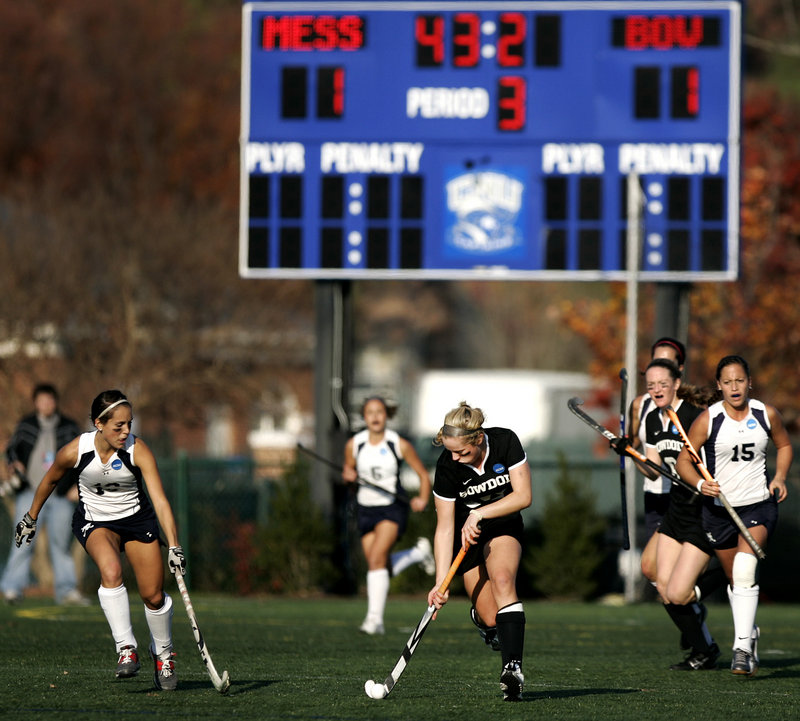 Katie Herter of Bowdoin races up field near the end of the first overtime period Sunday at Christopher Newport University in Newport News, Va. The game was tied 1-1 at after two overtime periods and went to penalty strokes.