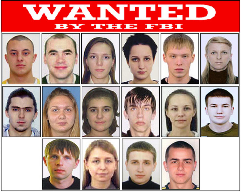 A poster released by the FBI shows Eastern European cyberthieves wanted on federal charges stemming from criminal activities including money laundering, bank fraud, passport fraud and identity theft in New York.