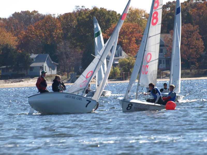 Falmouth High sailors Charlie Lalumiere and Ellie MacEwan, in boat No. 7, race against a team from Norfolk Collegiate School during the Interscholastic Sailing Association Atlantic Coast Championships at Toms River, N.J. Falmouth placed third in the regatta.