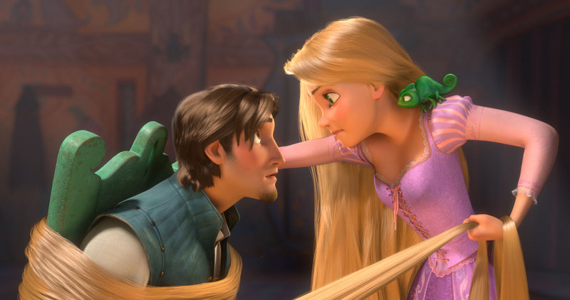Rapunzel, voiced by Mandy Moore, and Flynn, voiced by Zachary Levi, are shown in a scene from the animated feature, "Tangled."