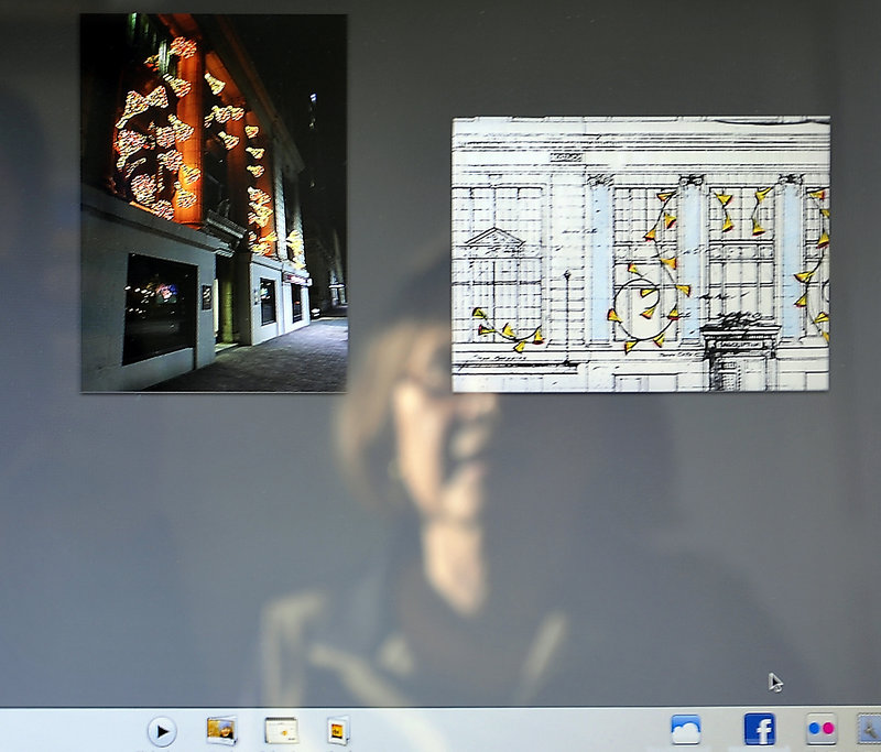 Pandora LaCasse likes to keep photos of her creations, such as these cascading bell shapes, next to her artist’s renderings on her computer, for future reference.
