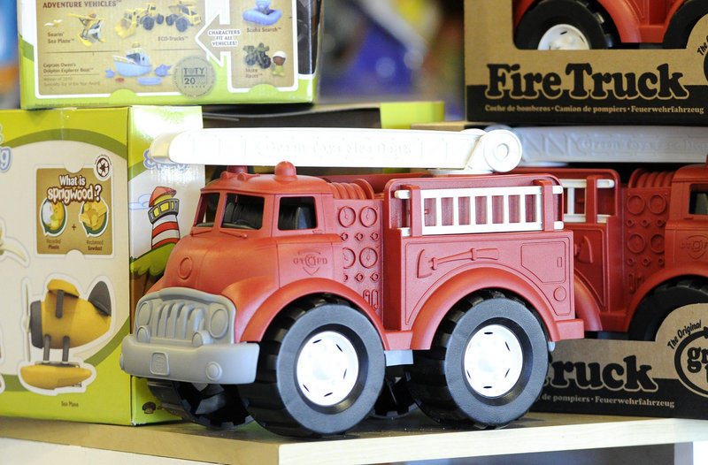 This firetruck is among the toys at Rainbow Toys in Falmouth that are made of recycled material by the company Green Toys.