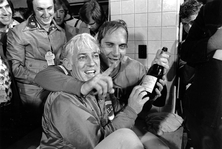 This Oct. 23, 1975, file photo shows Cincinnati Reds manager Sparky Anderson, left, and catcher Johnny Bench celebrating after defeating the Boston Red Sox to win the World Series at Fenway Park in Boston.