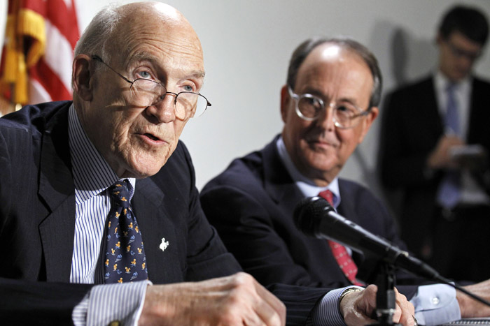 President Barack Obama's Debt Commission co-chairmen, former Wyoming Sen. Alan Simpson, left, and Erskine Bowles discuss the panel's deficit reduction plan on Capitol Hill Tuesday.