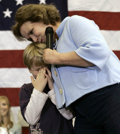 In this January 2008 photo, Elizabeth Edwards, then wife of Democratic presidential hopeful former Sen. John Edwards, hugs their son Jack on stage after he was too embarrassed to talk in Ames, Iowa.