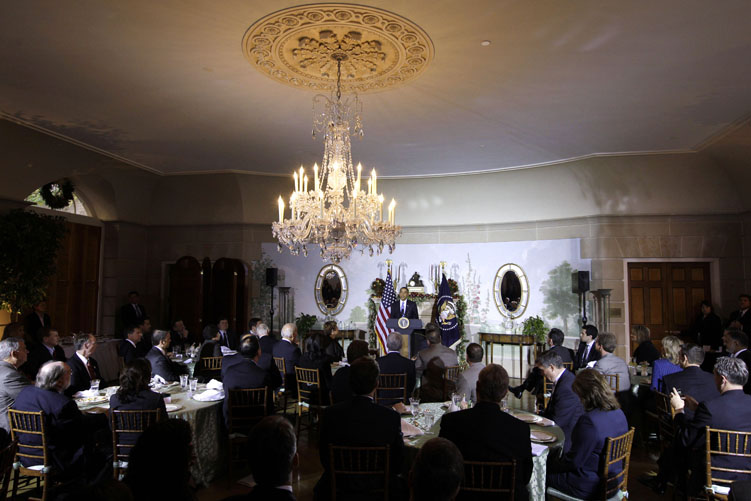 President Barack Obama speaks to newly elected governors at the Blair House across from the White House today.