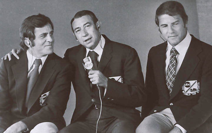 A 1972 photo provided by ABC of Don Meredith, left, Howard Cosell and Frank Gifford. Meredith, one of the most recognizable figures of the early Dallas Cowboys and an original member of ABC's "Monday Night Football" broadcast team.