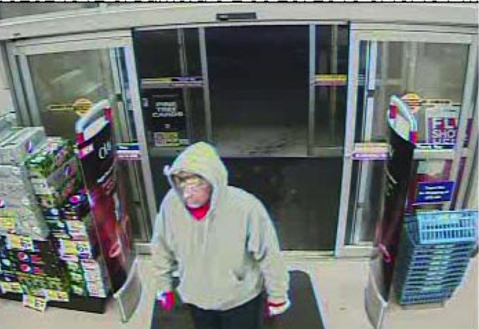 A white man, between 5-foot-8 and 5-foot-10, weighing about 160 pounds robbed the Rite Aid pharmacy in Biddeford last night. The man is seen here on surveillance footage walking into the store.