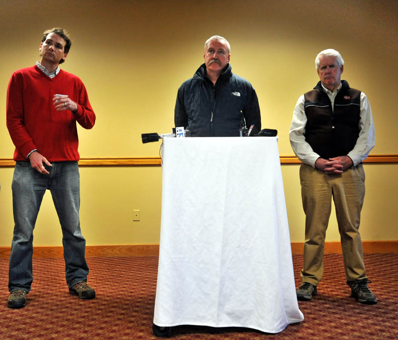 Sugarloaf representatives, from left to right, Brad Larsen, vice president of sales and marketing, Richard Wilkinson, vice president of mountain operations, and John Diller, general manager, hold a press conference at Sugarloaf Tuesday afternoon. A chairlift derailed in high winds at Maine's tallest ski mountain Tuesday, sending skiers plummeting as far as 30 feet to the slope below and injuring several people.
