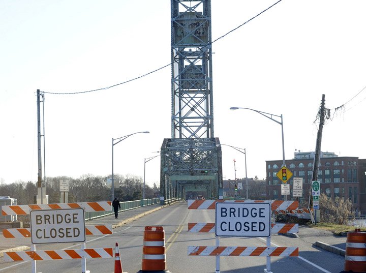 Memorial Bridge was closed at noon today to all but pedestrian and bicycle traffic.
