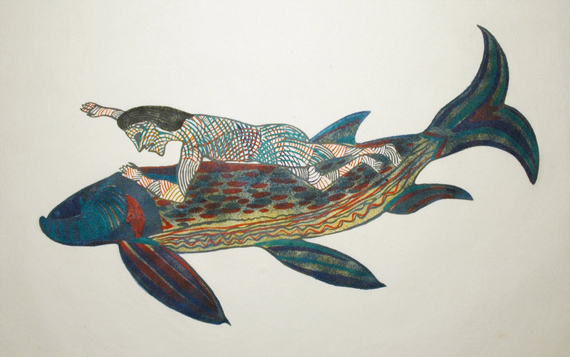 “Qiviuk’s Journey” by William Noah and Martha Ilumigayak Noah, Baker Lake, stonecut and pencil, 1973