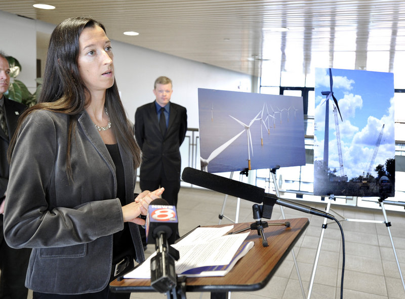 Catherine Bowes from the National Wildlife Federation speaks at a news conference on offshore wind power Wednesday in Portland.