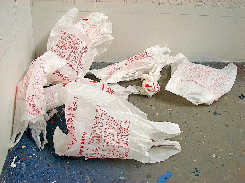 Carly Glovinski’s Untitled (plastic bags), ink, tracing paper and adhesive