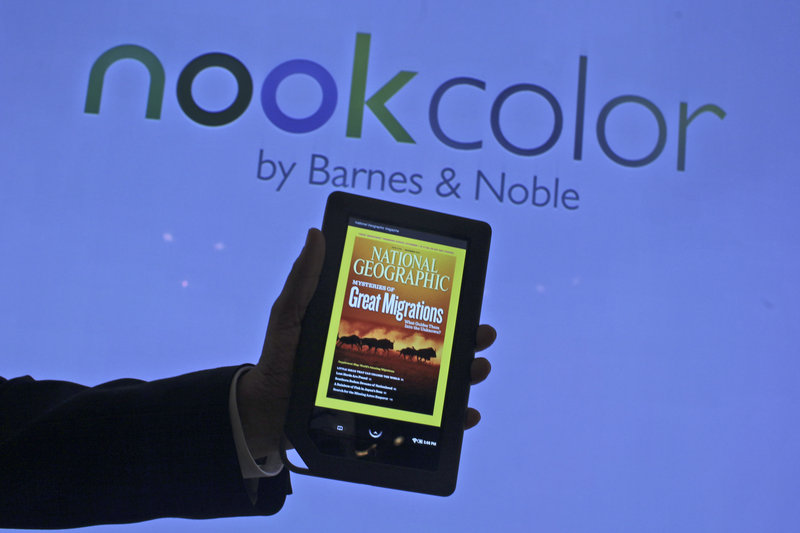 The Nook e-reader sold by Barnes & Noble has a color touch screen and sells for $249.