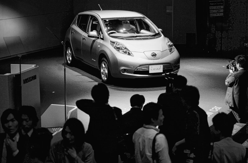 The Leaf, Nissan Motor Co.'s zero-emission electric car, is unveiled during a news conference Friday at the company s headquarters in Yokohama, Japan. There already have been 6,000 orders in Japan and 20,000 in the United States.