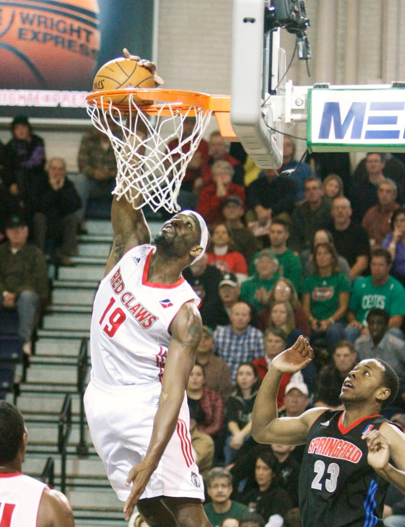 Maine's Mario West lays in a shot at the Expo. West had 14 points and three assists for the Red Claws (3-4).