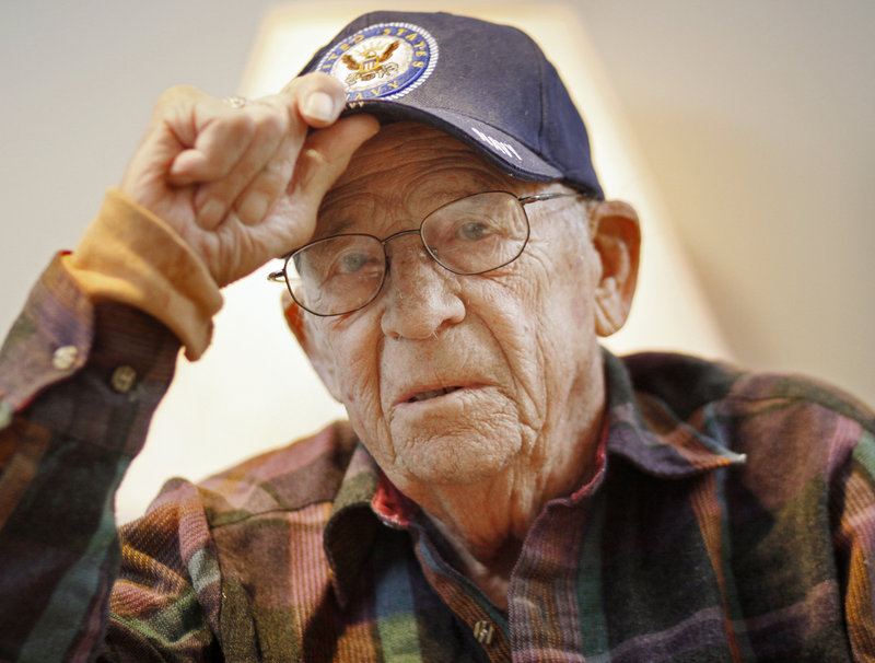 Arthur "Eddie" Atkinson, 88, speaks about his experiences aboard a Navy ship during World War II at the Maine Veterans Home in Scarborough on Monday.
