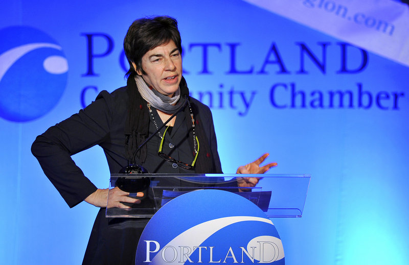 Burt’s Bees co-founder Roxanne Quimby speaks at the Portland Regional Chamber’s monthly Eggs & Issues breakfast at the Holiday Inn by the Bay in Portland on Wednesday.
