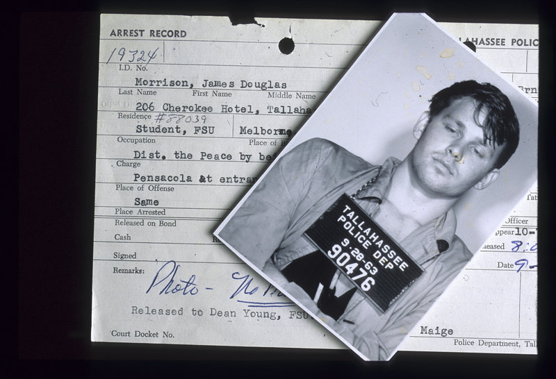 This Sept. 28, 1963, photo shows the police mug shot and record of The Doors singer Jim Morrison from his arrest after a football game at Florida State University.