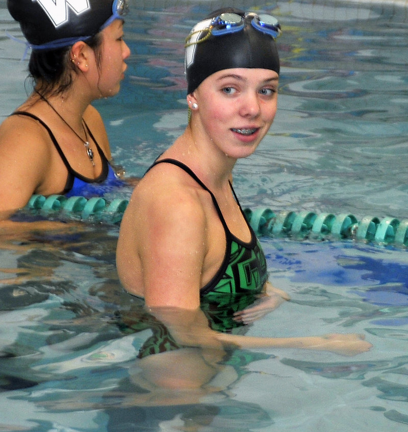 Colby Harvey, a Waynflete freshman, swam a 100-yard butterfly for her club team that was faster than the time that won the Class B title.