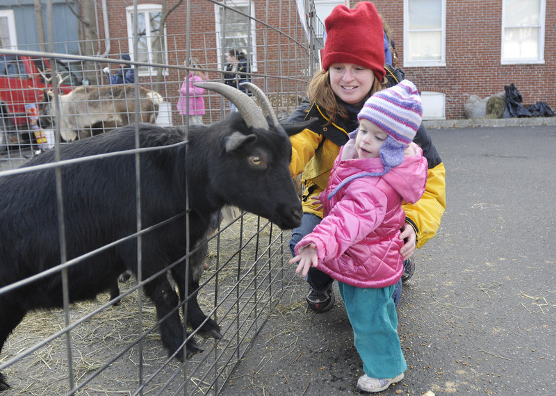 Lilliana Boucher 2, of Saco reaches out to touch a goat at the petting zoo with her mother, Amy Boucher.