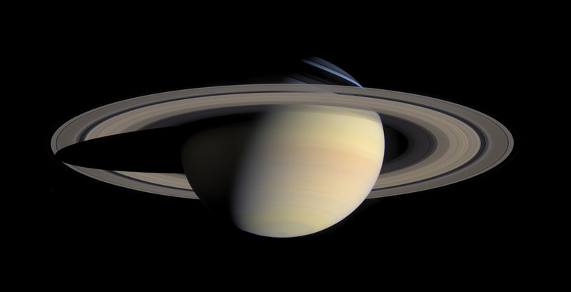 This image, taken Oct. 6, 2004, by the Cassini Saturn Probe, shows Saturn and its rings. Old theories of ring formation hypothesized moon collisions.
