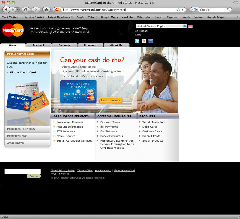 A screen shot taken Monday shows the home page of the Mastercard.com USA website. As WikiLeaks struggled to stay online, a small army of pro-WikiLeaks hackers took down the websites of Visa and MasterCard and slowed PayPal’s down, but were unable to do any serious damage.