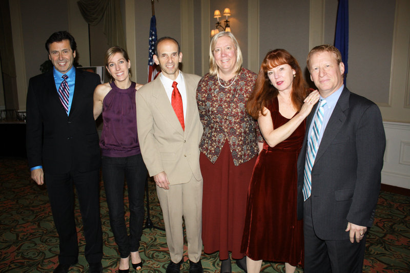 Gov. John Baldacci and his wife, Karen, center, with party hosts Robert and Elizabeth Baldacci, left, and Lynda Doyle and Ken Altshuler, at right, on Tuesday at the Marriott Sable Oaks in South Portland