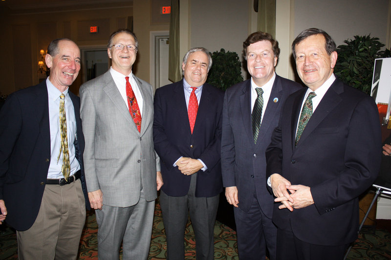 Attorney Jerry Conley Jr., attorney John Delahanty, Maine Home Mortgage President Tony Armstrong, state Sen. Barry Hobbins and attorney Severin Beliveau join in the gathering.