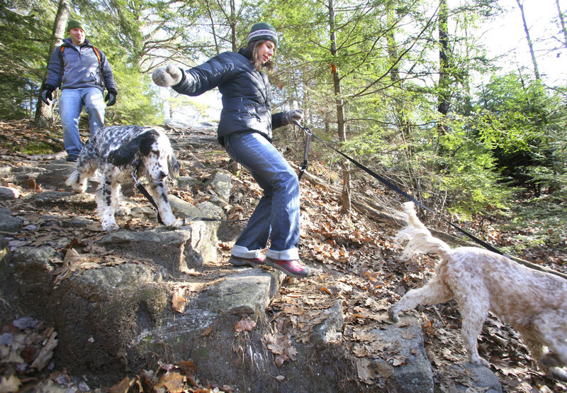 Jill and Tobin Piker of Yarmouth hike down Summit Trail Saturday with their dogs at Bradbury Mountain State Park.