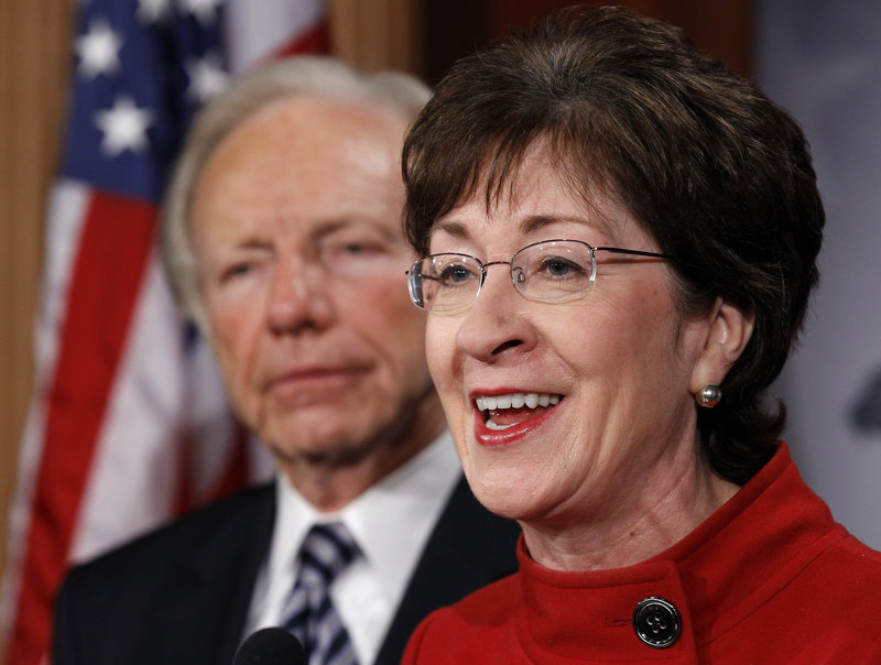 U.S. Sen. Susan Collins, R-Maine, talks about the repeal of the military's "Don't Ask, Don't Tell" policy on Saturday. With her is Sen. Joseph Lieberman, I-Conn.
