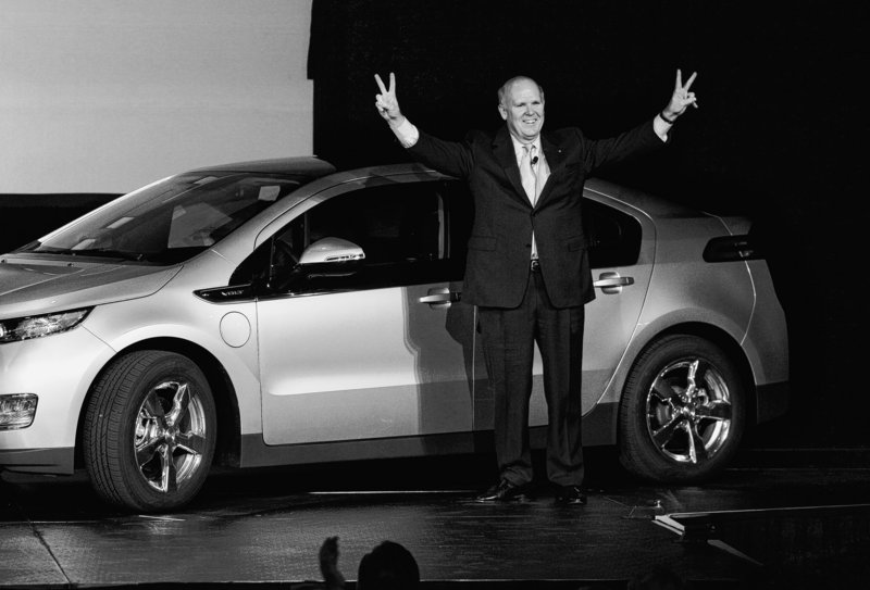 Dan Akerson, General Motors’ CEO, celebrates as the first Chevrolet Volt rolls off the assembly line in November at the company’s plant in Hamtramck, Mich.