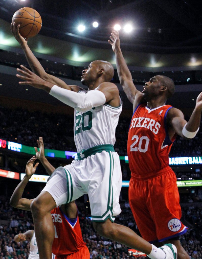 Ray Allen puts up a shot in front of Philadelphia’s Jodie Meeks during the Celtics’ 84-80 win Wednesday night. Allen scored 22 points to lead Boston.