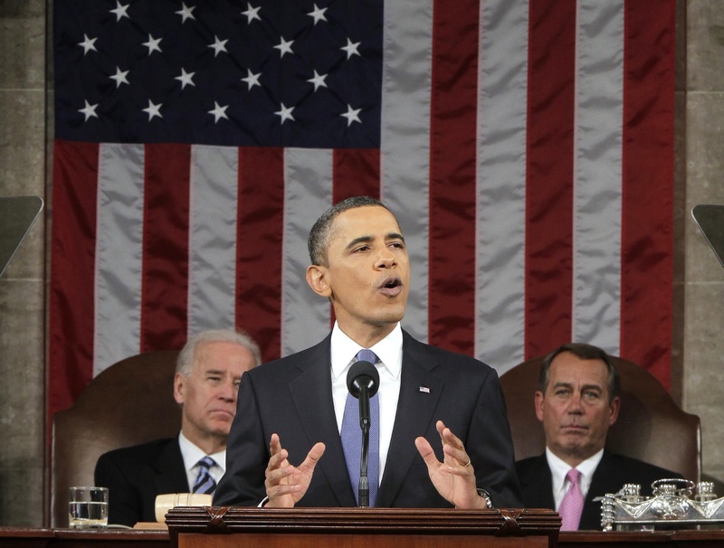 President Obama delivers his State of the Union address Tuesday night in the House chamber, saying “this is our generation’s Sputnik moment” for meeting a challenge. Behind him are Vice President Joe Biden, left, and House Speaker John Boehner, R-Ohio.